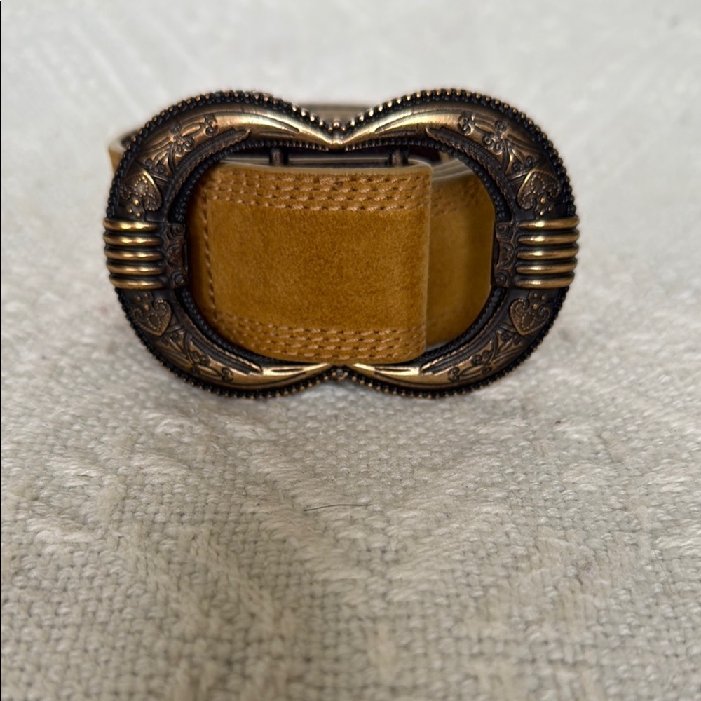 Vintage-Inspired Double Oval Buckle Belt in Mustard Yellow